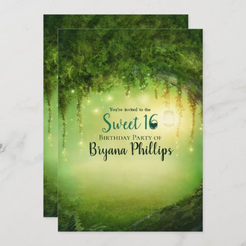 Enchanted Green Forest Lantern Sweet 16 Party Invitation