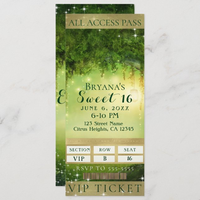 Enchanted Green Forest VIP Sweet 16 Party Ticket Invitation (Front/Back)