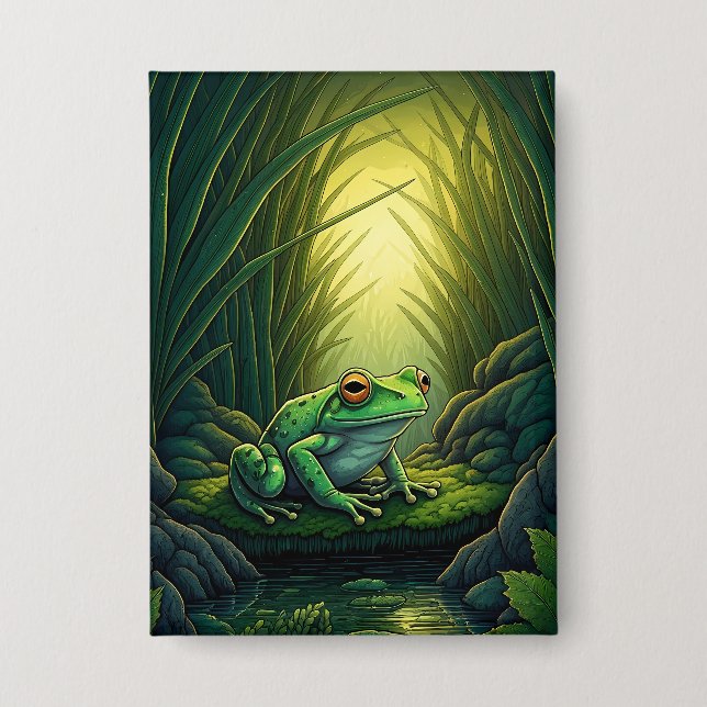 Enchanted Green Frog in a Forest Button (Front)