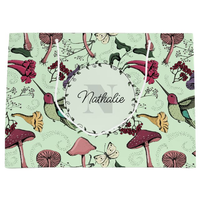 Enchanted  Green Spring Garden Hummingbird Floral Large Gift Bag (Front)