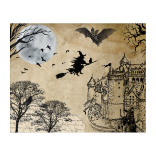 Enchanted Halloween Scene – Flying Witch & Castle  Acrylic Print