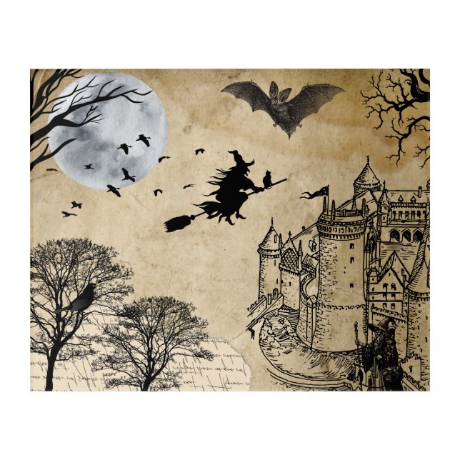 Enchanted Halloween Scene – Flying Witch & Castle  Acrylic Print (Front)