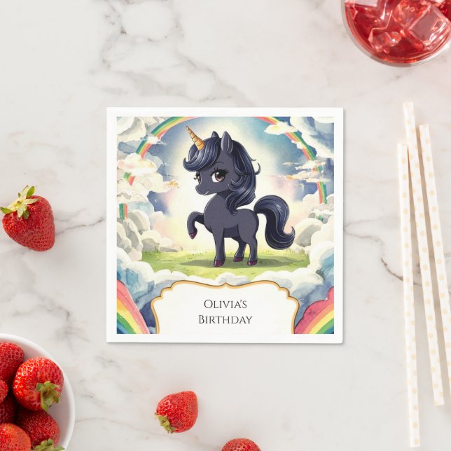 Enchanted Happy Black Unicorn Birthday Napkins (Insitu)