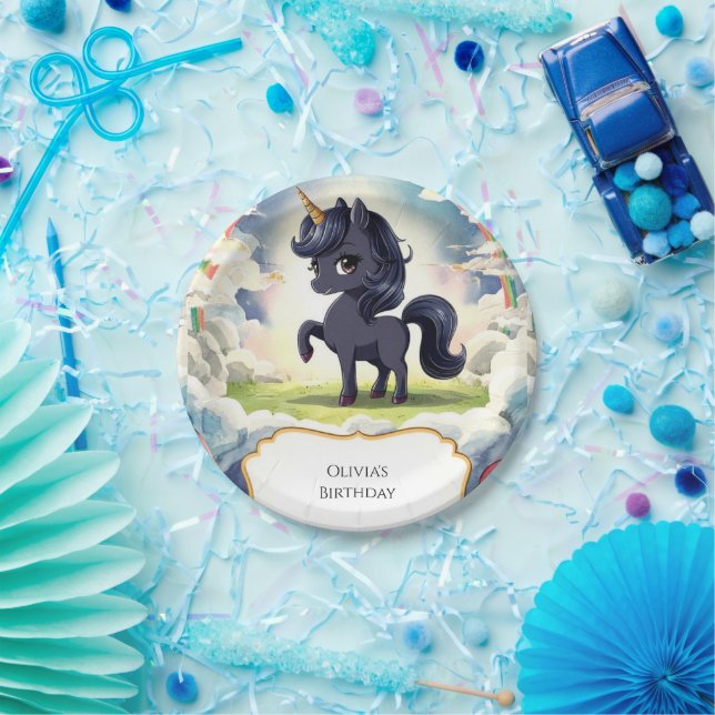 Enchanted Happy Black Unicorn Birthday Paper Plates (Party)
