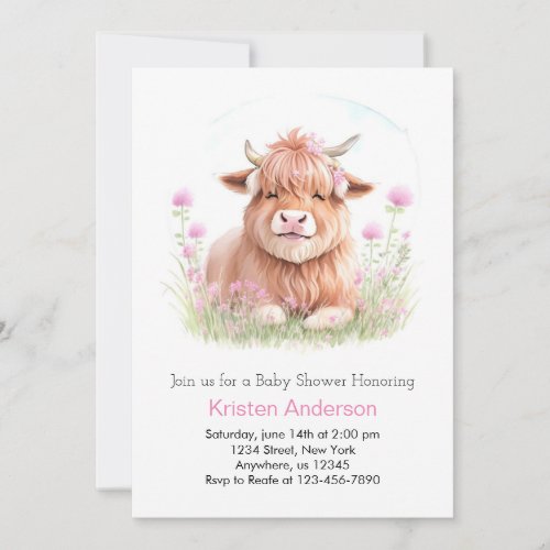 Enchanted Highland Cow Blissful Girl Baby Shower Invitation