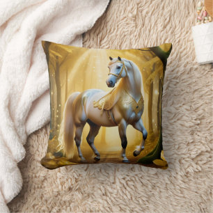 Enchanted horse in the golden forest throw pillow