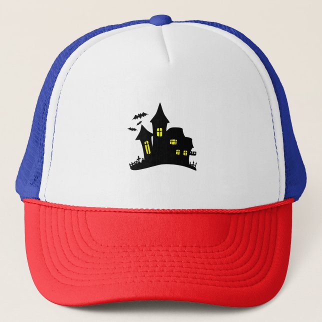 Enchanted House Haunted Halloween Trucker Hat (Front)