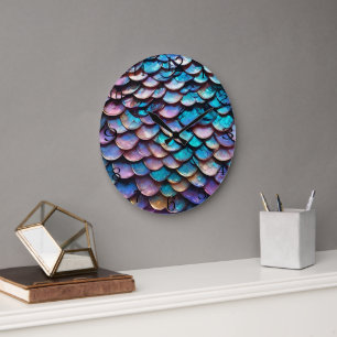 Enchanted Hues: Allure of Pastel Mermaid Scales Large Clock