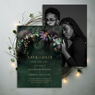 Enchanted Hunter Green Photo Wedding Save Date Invitation