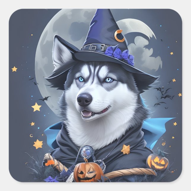 Enchanted Husky Dog: Magical Halloween Delight Square Sticker (Front)