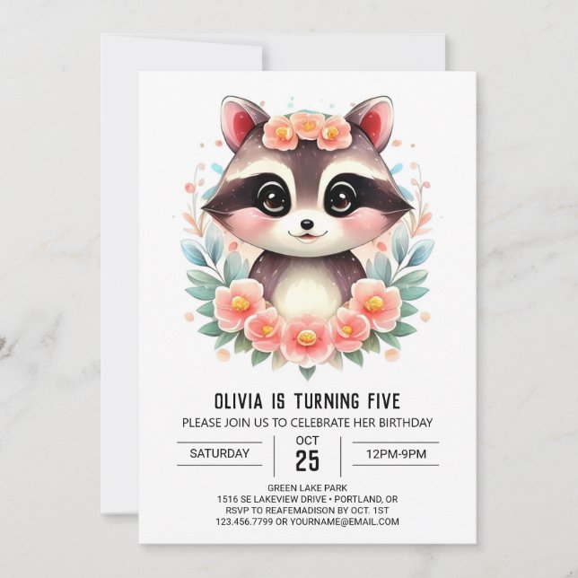 Enchanted Kids' Raccoon Girl Birthday Invitation (Front)