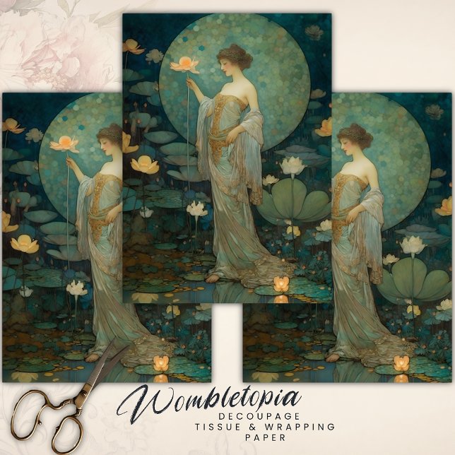 Enchanted Lady in a Magical Lotus Garden Decoupage Wrapping Paper Sheets (Creator Uploaded)