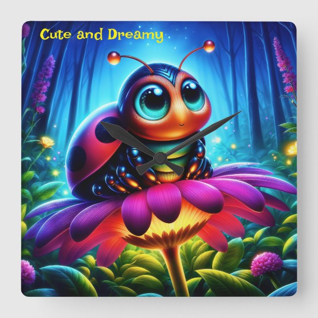 Enchanted Ladybug soft glowing fantasy flower Square Wall Clock (Front)