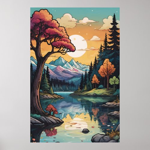 Enchanted Lakeside Serenity Sunset Landscape  Poster