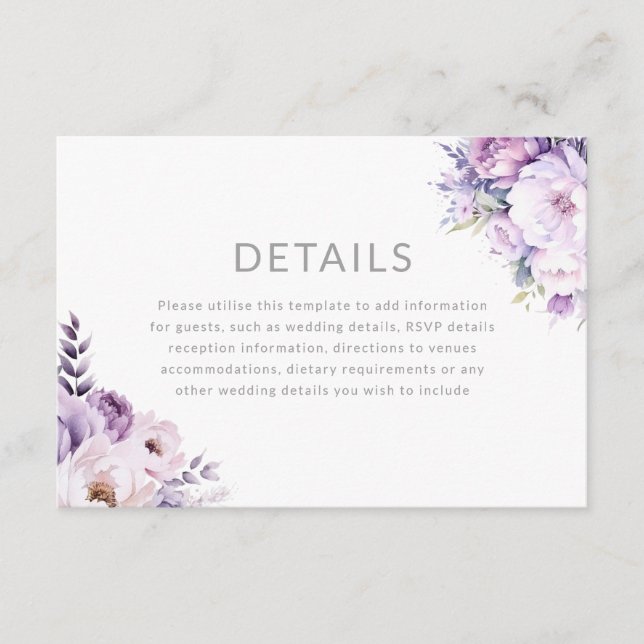 Enchanted Lavender Purple Floral Wedding Details Enclosure Card (Front)
