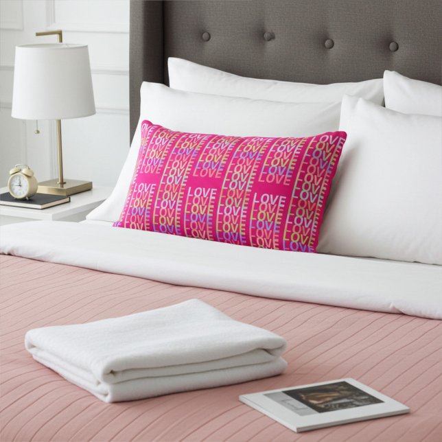 Enchanted LOVE Pattern, Red and Hot Pink Stripes Lumbar Pillow (Creator Uploaded)