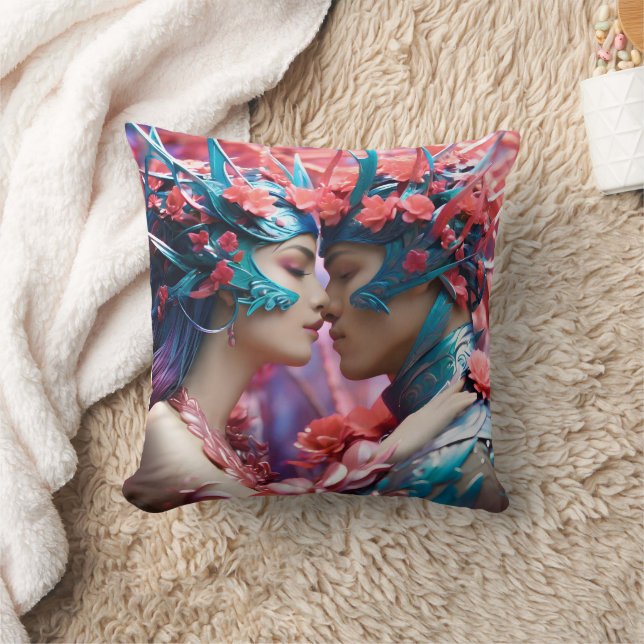 Enchanted Lovers in Floral Fantasy Realm Throw Pillow (Blanket)