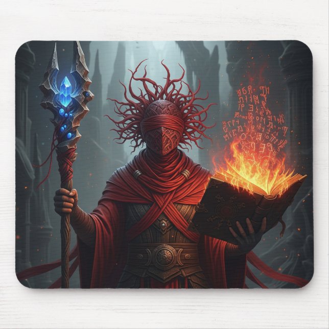 Enchanted Mage and Fiery Book Fantasy Art Mouse Pad (Front)
