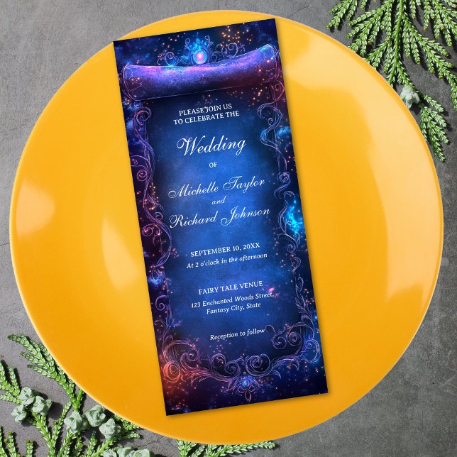 Enchanted Magic Forest Fairy Tale Wedding Scroll Invitation (enchanted magic blue and purple scroll wedding invitation)
