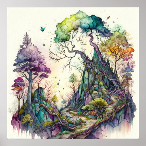 Enchanted Magical Forest Watercolor Poster