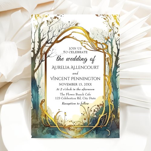 Enchanted Magical Forest Wedding Gold Frame Invitation