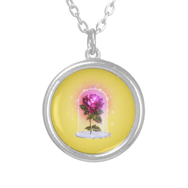 Enchanted Magical Red Rose Beauty Girls Silver Plated Necklace (Front)