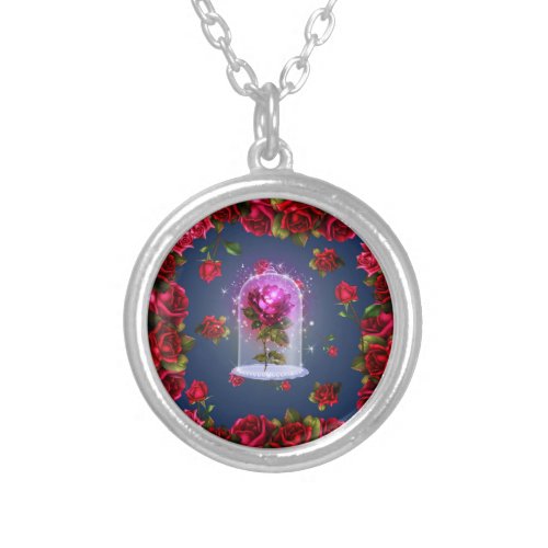 Enchanted Magical Red Rose Beauty Silver Plated Necklace