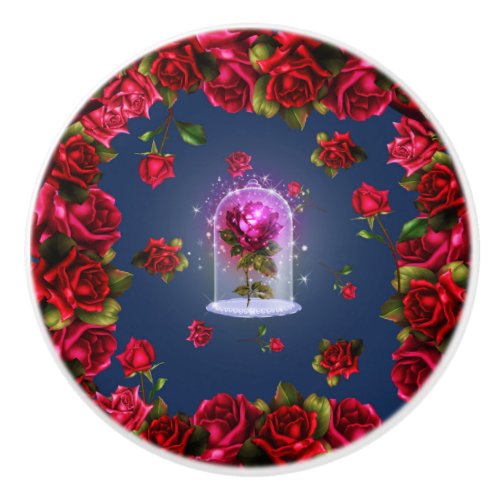 Enchanted Magical Red Rose Blue Floral Ceramic Knob