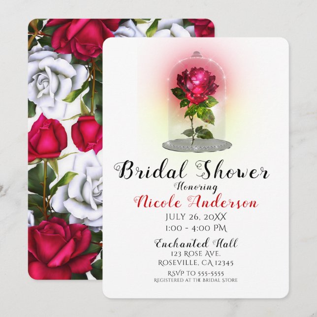 Enchanted Magical Red Rose Sparkly Bridal Shower Invitation (Front/Back)