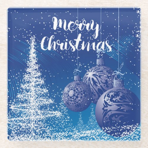 Enchanted Midnight Blue  White Merry Christmas Glass Coaster