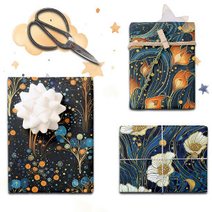 Enchanted Midnight Florals in Gold and Blue, Wrapping Paper Sheets