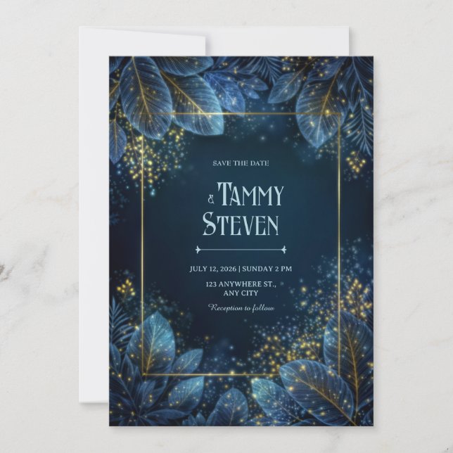 Enchanted Midnight Gold Leaf Forest Wedding Invitation (Front)