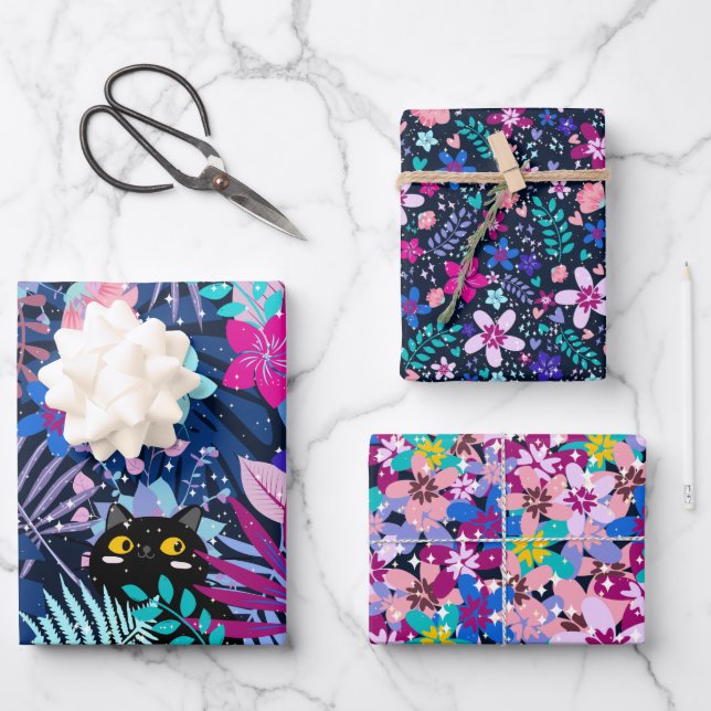 Enchanted Midnight Summer Botanical Garden Wrapping Paper Sheets (Front)