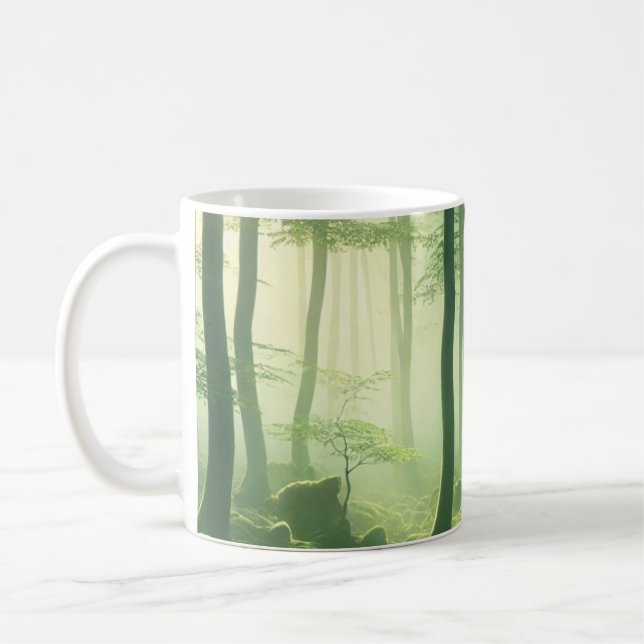 Enchanted Misty Forest Serene Green Woodland Scene Coffee Mug (Left)