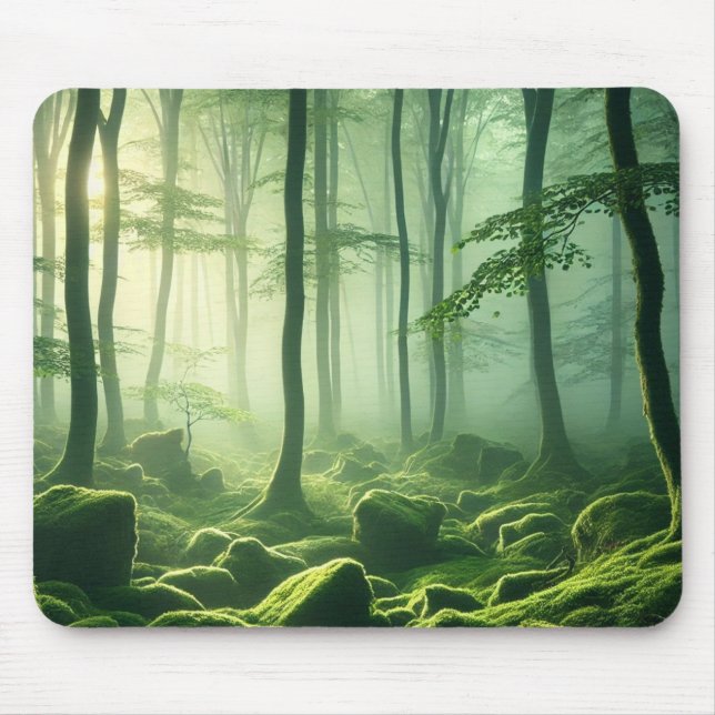 Enchanted Misty Forest Serene Green Woodland Scene Mouse Pad (Front)