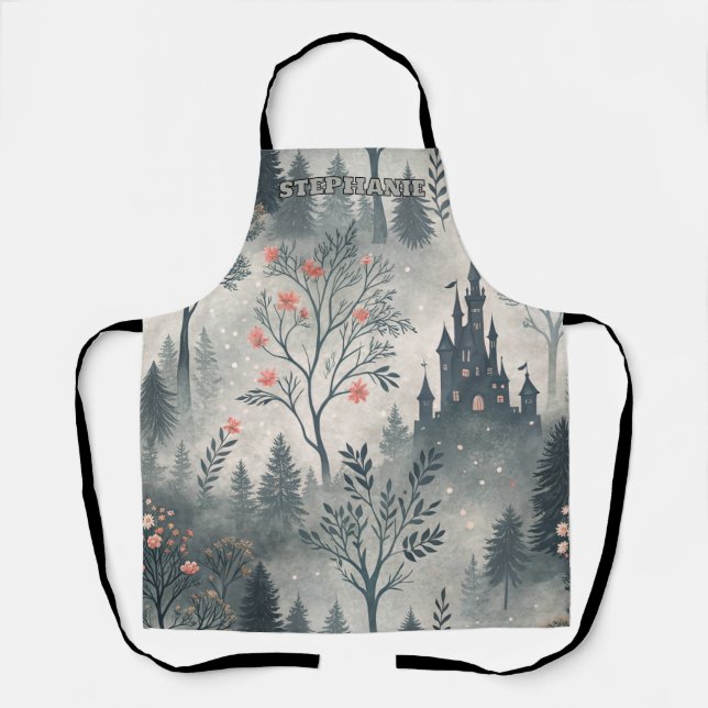 Enchanted Misty Forest with Dark Castle – Ethereal Apron (Front)