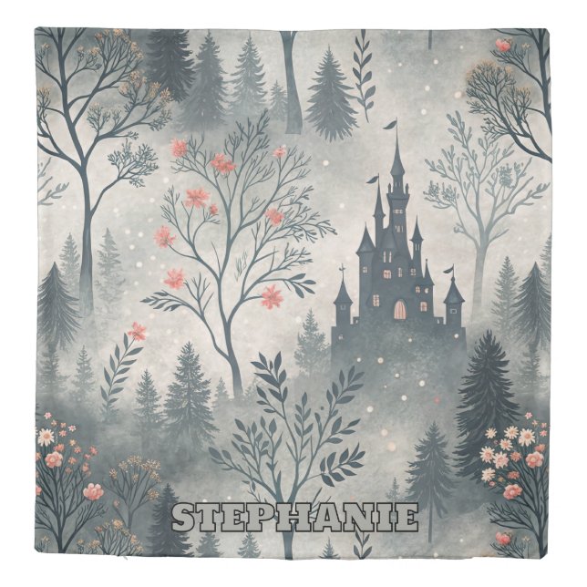Enchanted Misty Forest with Dark Castle – Ethereal Duvet Cover (Back)