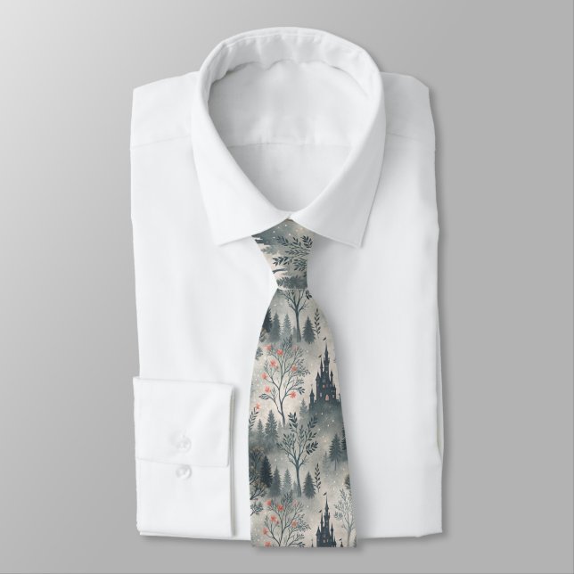 Enchanted Misty Forest with Dark Castle – Ethereal Neck Tie (Tied)