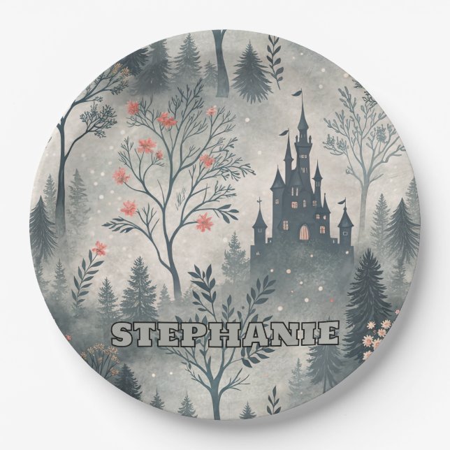Enchanted Misty Forest with Dark Castle – Ethereal Paper Plates (Front)