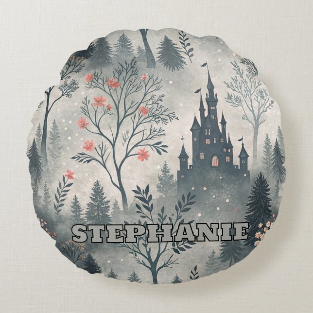 Enchanted Misty Forest with Dark Castle – Ethereal Round Pillow (Front)
