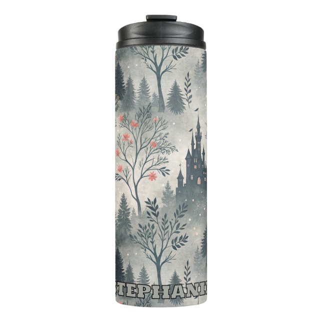 Enchanted Misty Forest with Dark Castle – Ethereal Thermal Tumbler (Front)