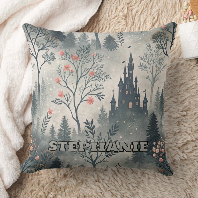 Enchanted Misty Forest with Dark Castle – Ethereal Throw Pillow (Blanket)