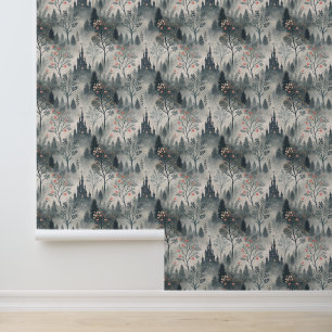 Enchanted Misty Forest with Dark Castle – Ethereal Wallpaper