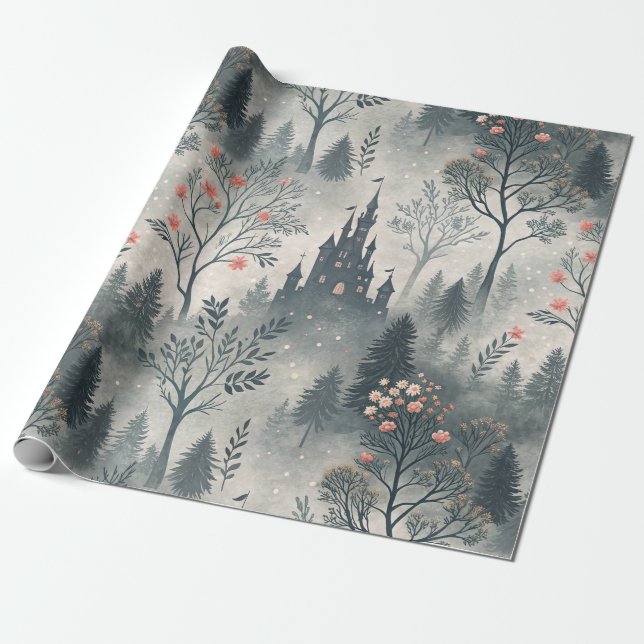 Enchanted Misty Forest with Dark Castle – Ethereal Wrapping Paper (Unrolled)