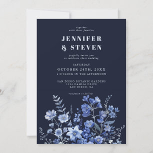 Enchanted Monochrome Navy Blue Wildflower Wedding Invitation