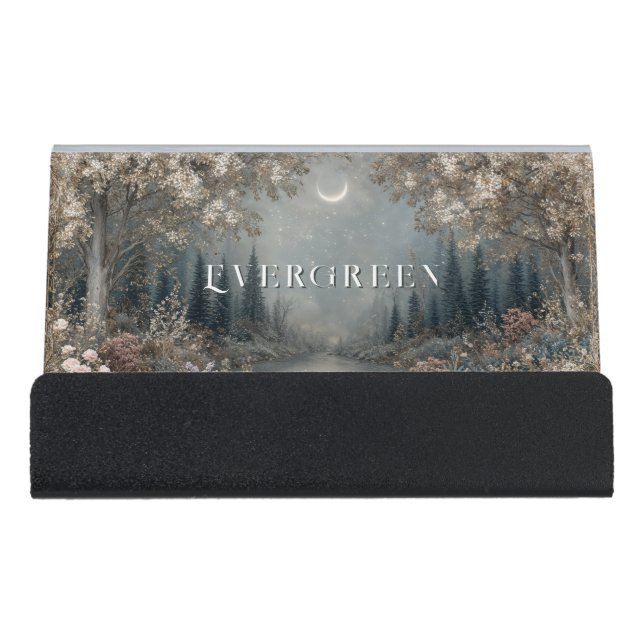 Enchanted Moonlit Forest Sparkling Night Desk Business Card Holder (Front)
