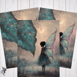 Enchanted Moonlit Leaf Fairy Watercolor Fantasy Wrapping Paper Sheets