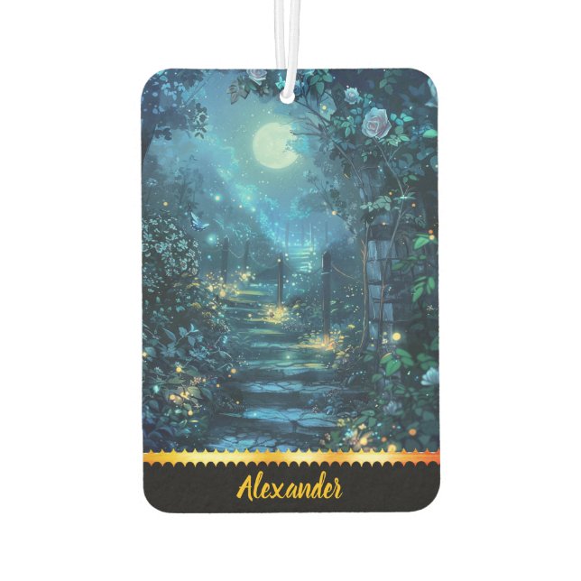 Enchanted moonlit pathway through blooming flowers air freshener (Back)