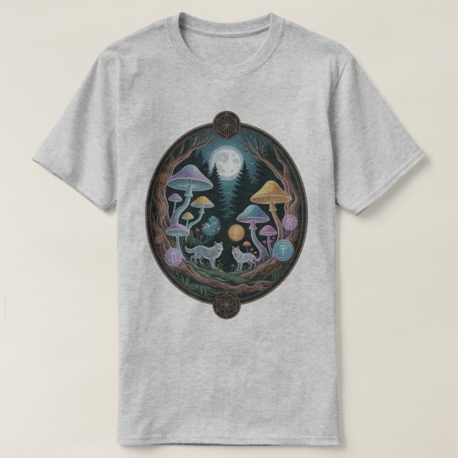 Enchanted Moonlit Wolves and Psychedelic Mushrooms T-Shirt (Design Front)