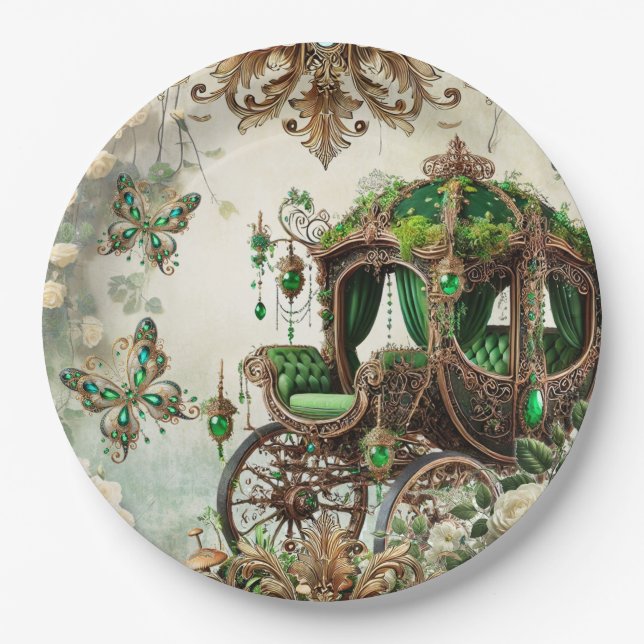 Enchanted Moss & Moonlight Fairytale Carriage Deco Paper Plates (Front)